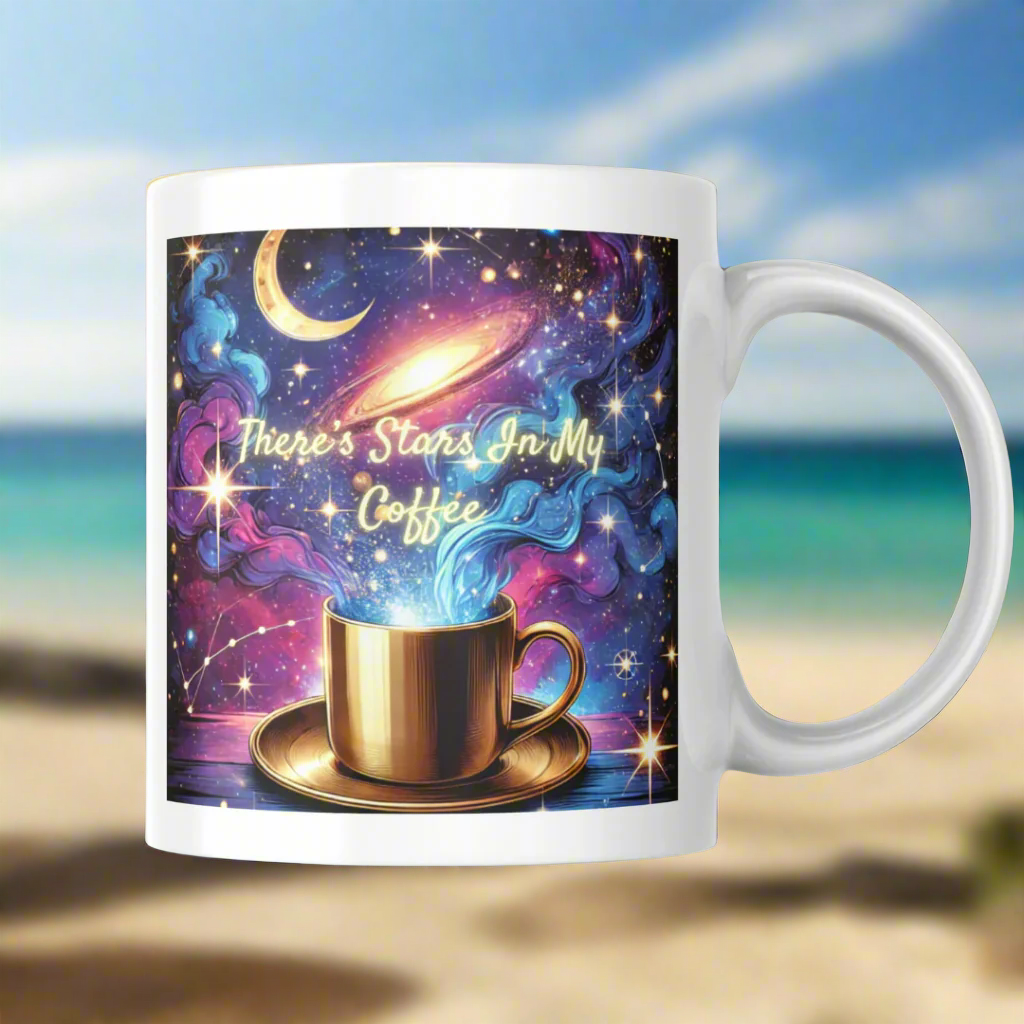 "A Cosmic Mug for You!" ✨ "There's Stars In My Coffee" White 11oz Ceramic Mug